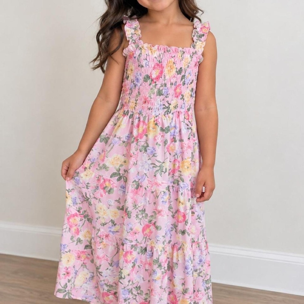 Pink Floral Maxi Dress Smocked Bodice Ruffle Straps Summer Tiered Sun Dress